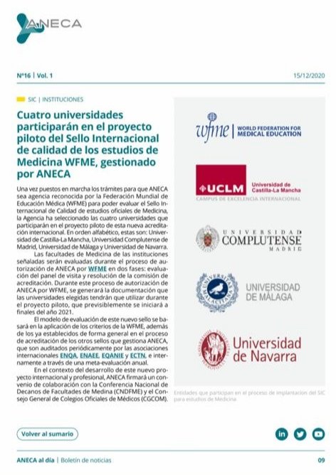 Enhorabuena a <a href="/MedicinaAB/">MedicinaAB</a> y <a href="/MedicinaCR_UCLM/">MedicinaCR_UCLM</a>, seleccionadas por <a href="/ANECAinfo/">ANECA</a> para participar en el proyecto piloto del Sello Internacional de calidad de los estudios de Medicina