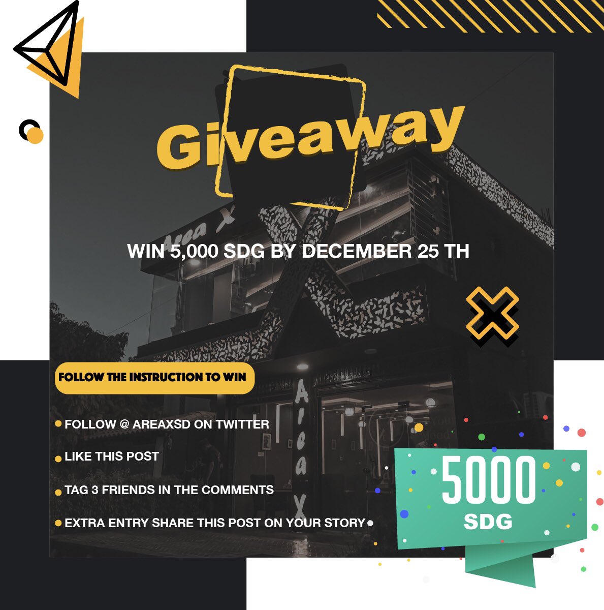 AreaxSd's tweet photo. We are doing a giveaway! Follow the instructions to win an easy SDG 5,000!
-Like this post 
-Follow our page @AreaxSd 
-Retweet 
-mention 3 of your friends https://t.co/ii7B2bX88p
