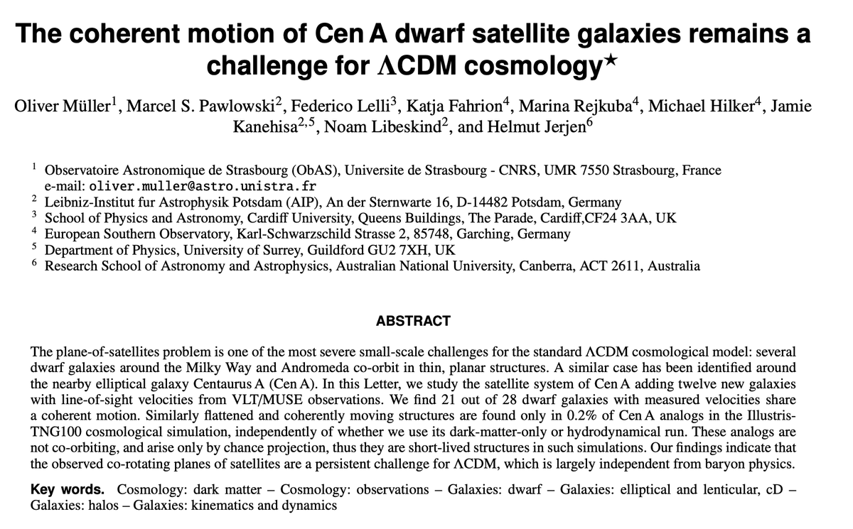 I'm super excited for our new paper today (by  @VoltarCH,  @lellifede,  @KatjaFah,  @satellitegalaxy et al.):  https://arxiv.org/abs/2012.08138&nbsp; The title already states our main finding: "The coherent motion of Cen A dwarf satellite galaxies remains a challenge for ΛCDM cosmology"