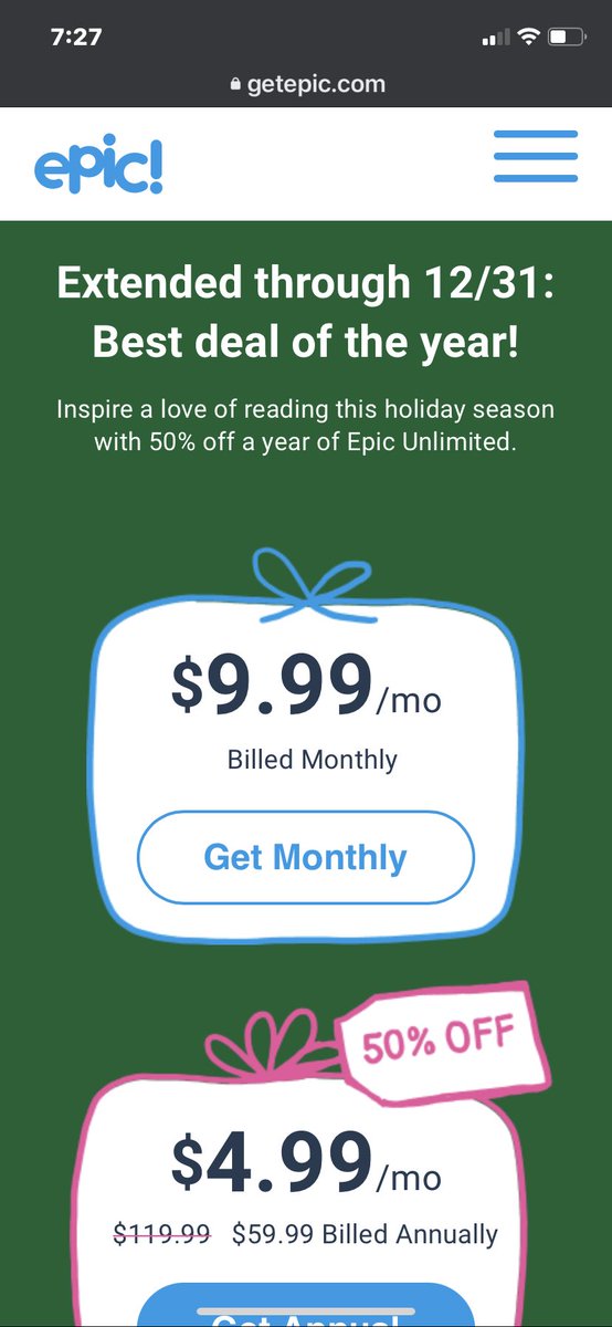 To all my parental peeps out there! getepic.com has extended their 50% off sale of UNLIMITED READING. Take advantage of this awesome deal!  Help me spread the joy of reading this holiday season! #seasonforreading