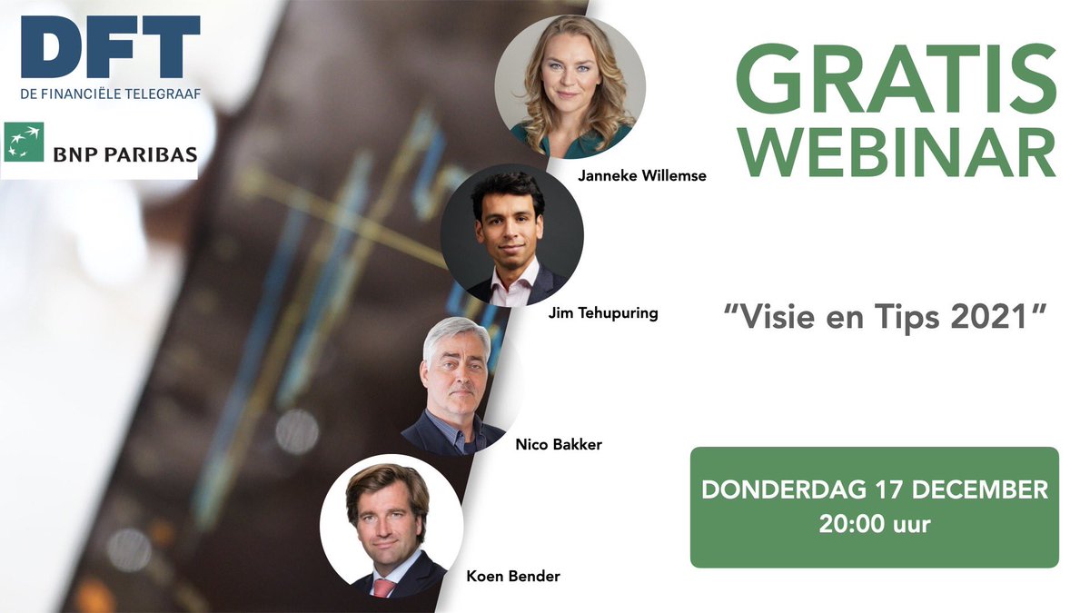 Morgenavond wordt het traditionele Visie &amp; Tips webinar uitgezonden. Wat brengt 2021 u als belegger? Met <a href="/KoenBender/">Koen Bender</a>, <a href="/JimTehupuring/">Jim Tehupuring</a>, <a href="/TheDailyTurbo/">Nico PR Bakker</a> en <a href="/jannekewillemse/">Janneke Willemse</a>. Organisatie door BNP Paribas Markets en <a href="/dft/">DFT</a> . MIs het niet en meld u nu aan: bit.ly/2KaTXJZ