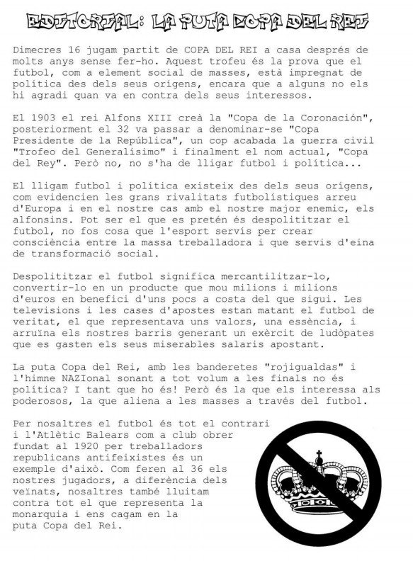 Com ja férem en el 36, fidels a la República.
Els balearicos no tenim rei!

#FuckLaCopa
#BorbonesLadrones 
#NoésNomésFutbol