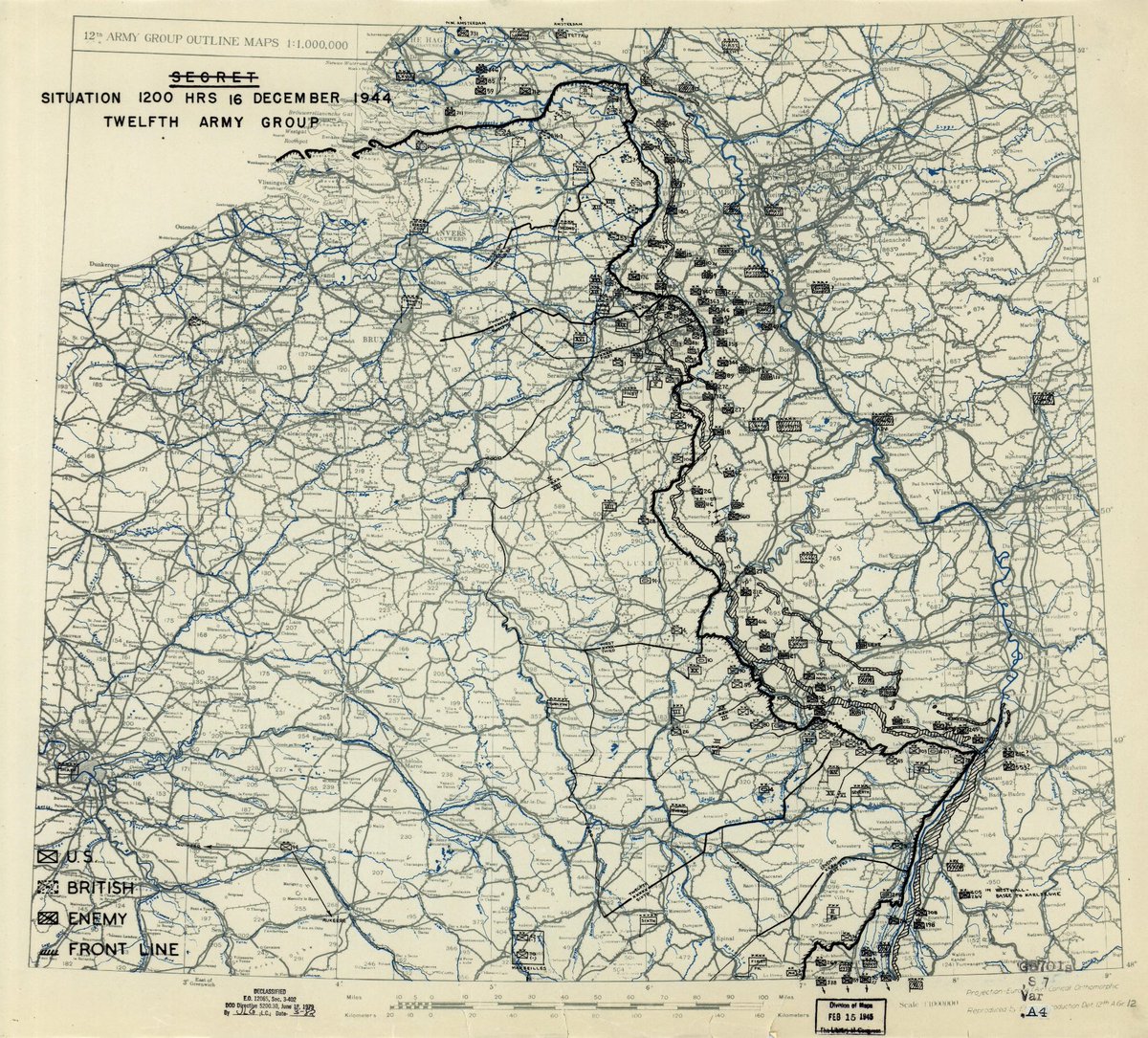 16th December 1944Wacht am Rhein - Zero hour, D+0The US Twelfth Army Group situation map now acknowledges 352VGD’s advance, with 276VGD appearing on its left flank but no 5FJD on its right, yet are engaged in combat with 28ID, too.The ‘?s’ illustrate further confusion.1)
