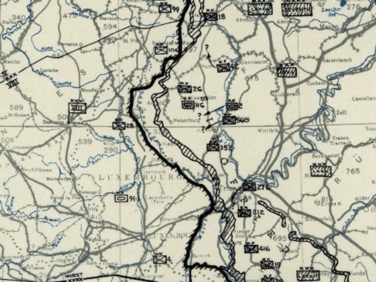 16th December 1944Wacht am Rhein - Zero hour, D+0The US Twelfth Army Group situation map now acknowledges 352VGD’s advance, with 276VGD appearing on its left flank but no 5FJD on its right, yet are engaged in combat with 28ID, too.The ‘?s’ illustrate further confusion.1)