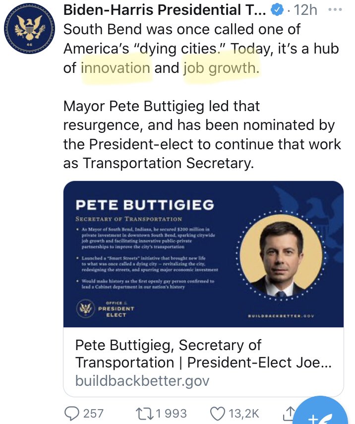 Kamenjan's tweet photo. @JoeBiden &amp; Team could not find anything more to promote Pete Buttigieg with other than: innovation &amp; job growth.

Which during these times, all of America 🇺🇸 qualifies for. 🤦🏾‍♂️

Almost forgot: Build Back Better... I guess. 🤷🏾‍♂️ https://t.co/MPBhgk9HDl