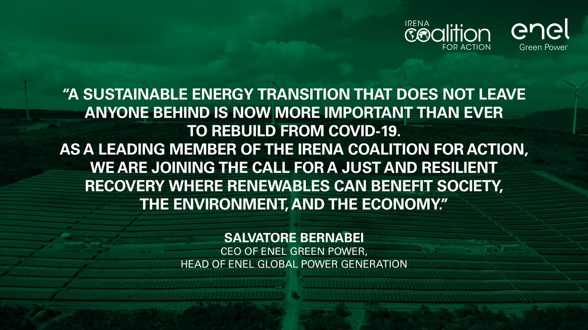 enelgreenpower's tweet photo. Together with the @IRENA #CoalitionforAction to build a better tomorrow. Our CEO Salvatore Bernabei reaffirms our commitment to a #GreenRecovery with renewables, underlining the importance of inclusion in the energy transition 👇 https://t.co/dU9SWSEqqo