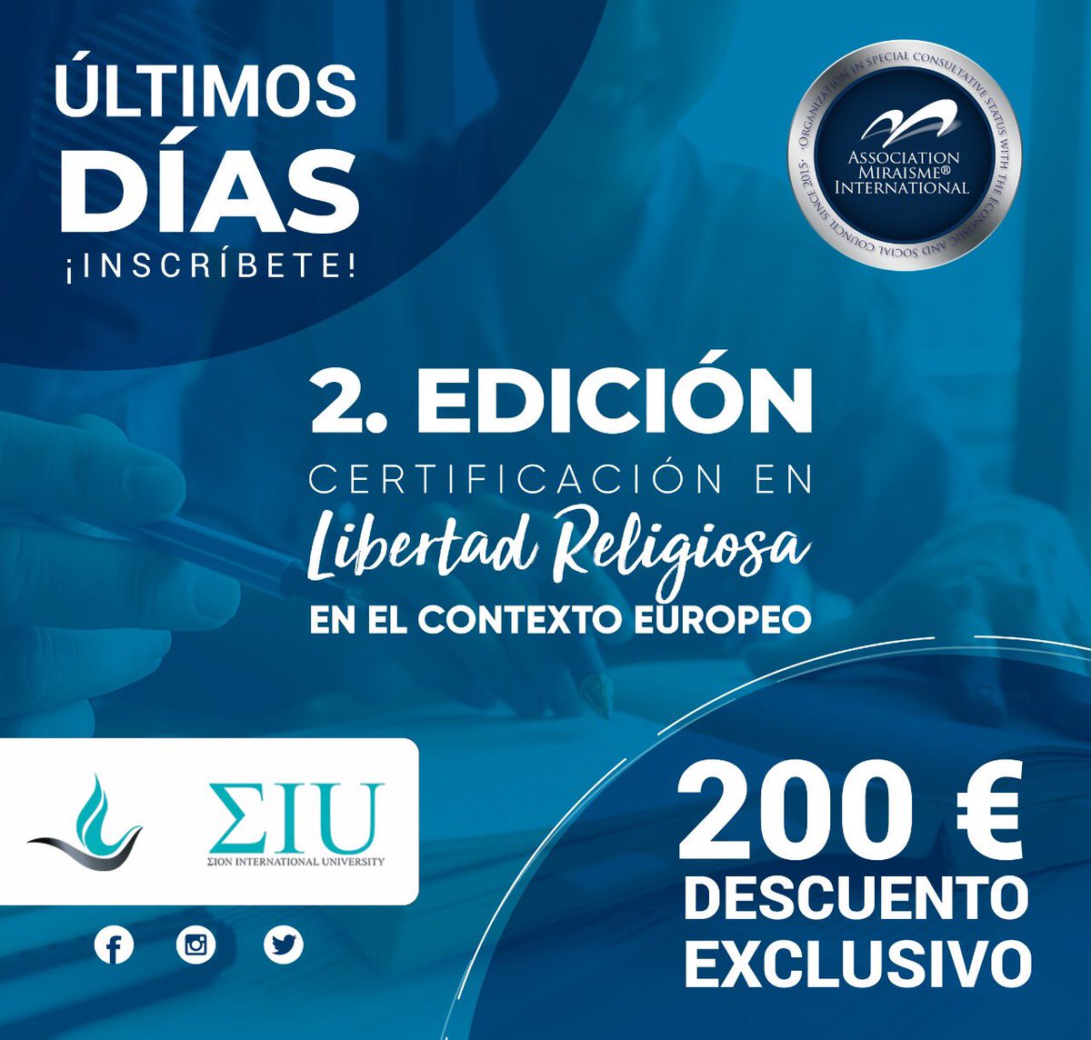 ¡ULTIMOS DÍAS! Aprovecha el descuento de 200€ en tu matrícula y estudia la Certificación en Libertad Religiosa para Europa con Zion International University 

Más información: airtable.com/shrv901zV2Vw2n…