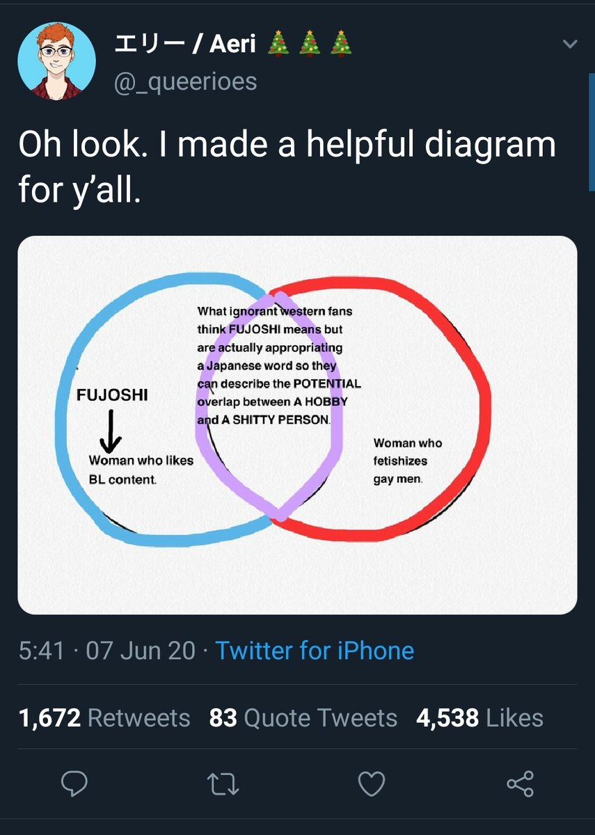 True to the anon's message, the term fujoshi isn't always used for just girls who like bl/yaoi. Somehow it's become a more general term for female otaku (lit. Geek) who just are part of fandoms/actively act out their interest (and maybe sexuality, though don't quote me on that.)