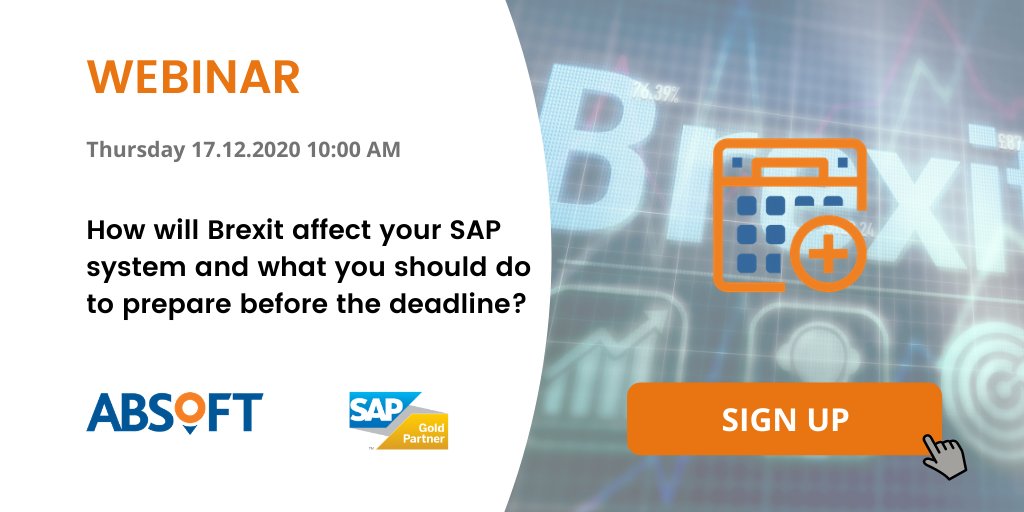 Absoft_Limited's tweet image. SAP and Brexit - Due to the high demand we are running another webinar this Thursday 17th December 10:00AM (GMT) - Sign up to learn how Brexit will affect your SAP system and what you should do before the deadline:
absoft.co.uk/sap-brexit-ass… #SAPBrexit #SAPnotes #BrexitReady