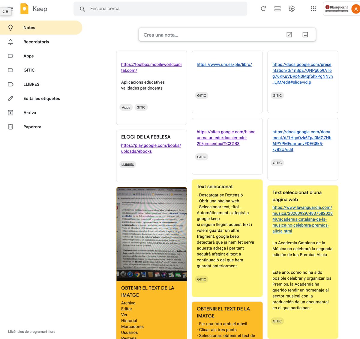 Amironp's tweet photo. Utilizant Google Keep per organitzar els recursos de les assignatures #gitic #educació https://t.co/BjfB7EsyUV