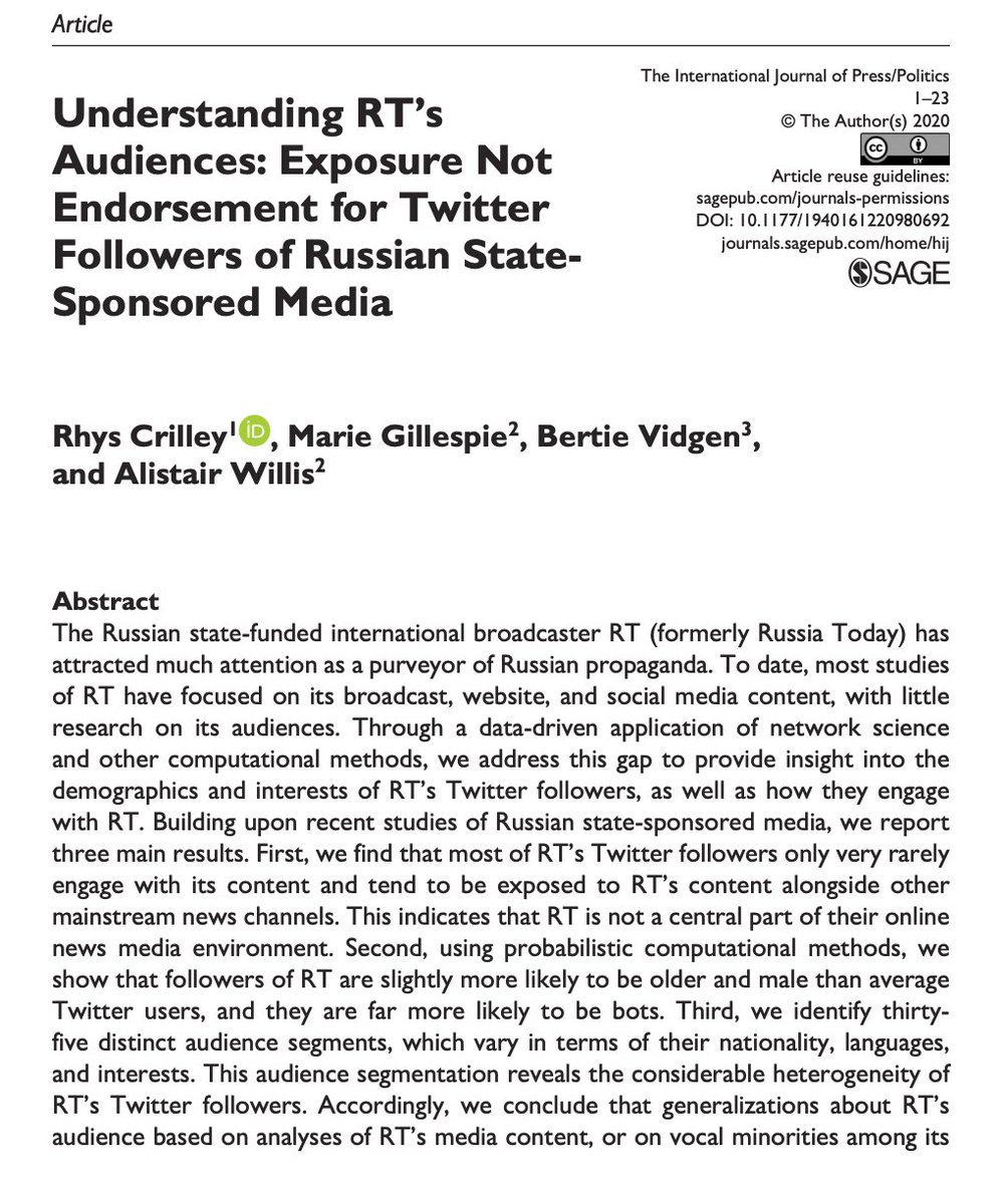 rhyscrilley's tweet photo. 💥 New publication! 💥

In our latest @ReframingRussia article we analyse the Twitter audiences of the Russian international broadcaster RT.

📰 Who follows RT on Twitter?
🗺️ What are their demographics?
📺 What are their interests?

Find out in #IJPP 👇

https://t.co/YBOkxfrK1q https://t.co/3rvm6Snrkh