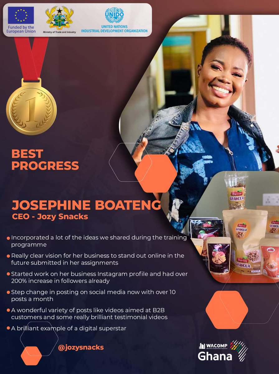 WACOMPGhana's tweet photo. @UNIDO #WACOMP ๐ฌ๐ญ funded by the @EuropeInGhana Award Winner of our E-Marketing to E-Commerce class #BatchTwo for #BestProgress goes to Ms. Josephine Oduro-boateng of @jozysnacks. Congratulations! ๐๐๐
#BecomingDigitalWithWACOMPGhana #digitalmarketing #ecommerce @WACOMP_ECOWAS https://t.co/TxznNwVKfp
