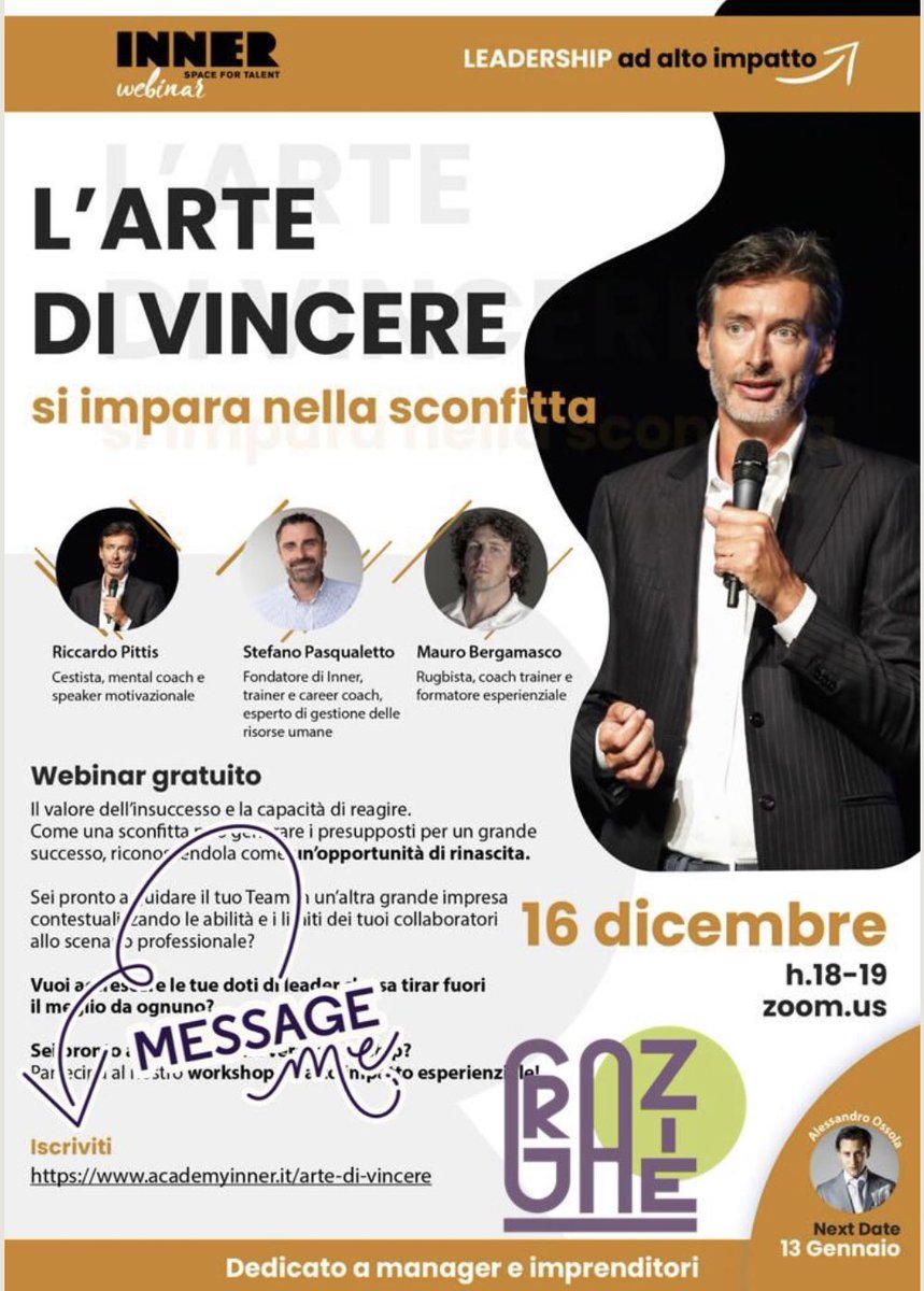 Ci siamo!!! Mancano poche ore al terzo appuntamento con #leadershipadaltoimpatto con @stefanopasqualetto e <a href="/riccardopittis/">Riccardo Pittis</a>  se non l’hai ancora fatto, iscriviti al link academyinner.it/arte-di-vincere