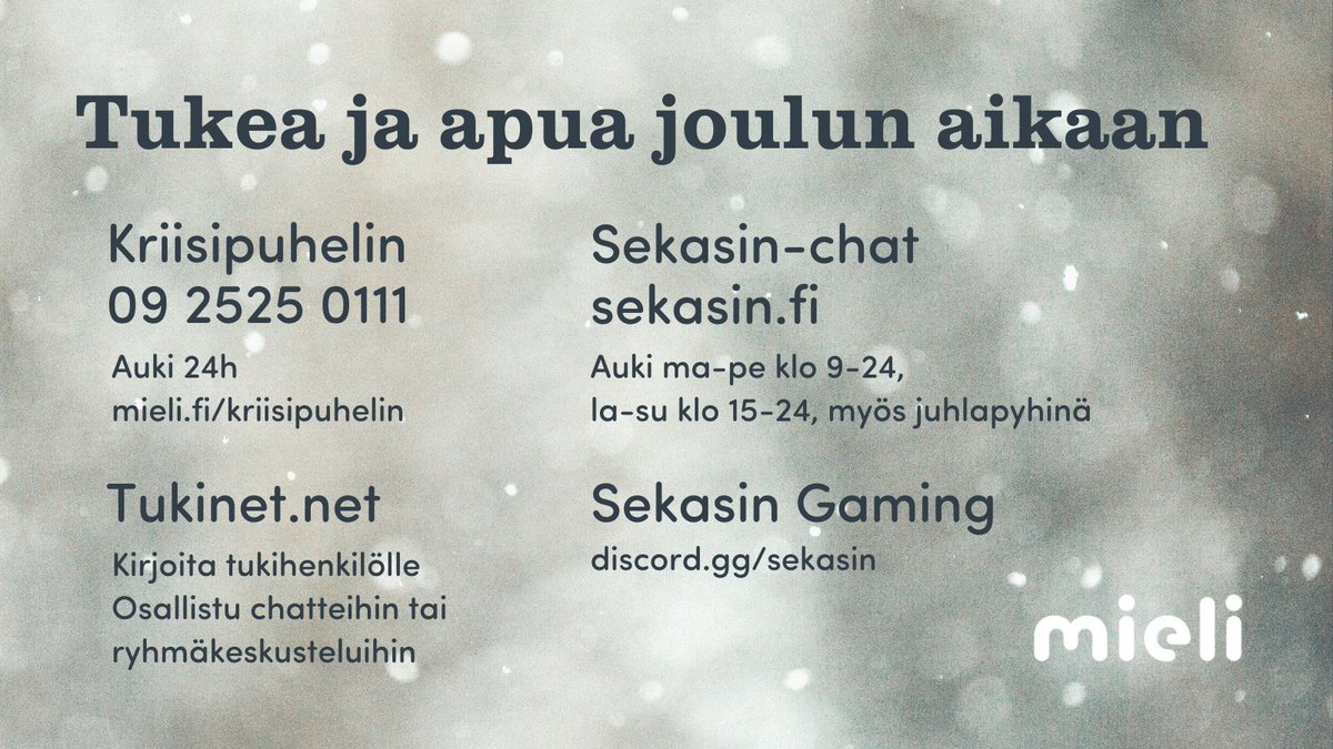 ⬇️Tukea ja apua joulun aikaan
📞Kriisipuhelin suomeksi 09 2525 0111 (24h) 
💻Nuorille Sekasin-chat auki joka päivä (myös juhlapyhinä) 👉 sekasin.fi
💻 Sekasin Gaming👉 discord.gg/sekasin
💻 Tukinet.net
mieli.fi/fi/kriisipuhel… #joulu