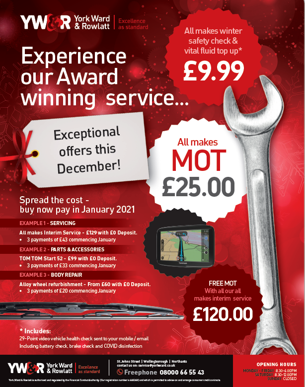 YWRVauxhall's tweet photo. Check out our exceptional servicing offers this December! 🎅🎄

You can even spread the cost and buy now, pay in January 2021. 😇

Call 01933 443 403 to book in.

#Vauxhall #VehicleServicing #MOT #WinterChecks https://t.co/gkG67rwZRg