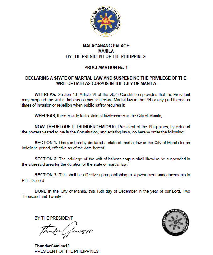 PHLDND's tweet photo. Martial Law has been declared on Metro Manila. The Armed Forces of the Philippines plans to deploy when Manila opens. https://t.co/nibfbShOrb