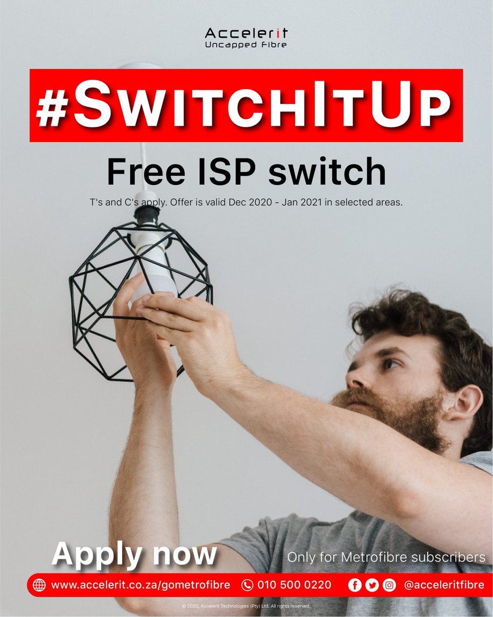 Hold up! Stop scrolling. Switch it up and change over to Accelerit Fibre for FREE! Get in touch with our sales team on 010 500 0220 or apply on accelerit.co.za/govuma. We have awesome deals on offer that you wouldn't want to miss out on #accelerituncapped