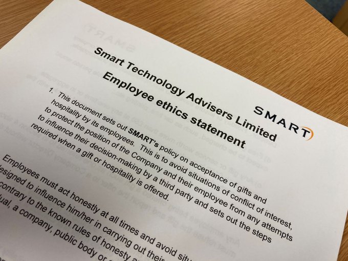 Conducting our business in an ethical manner is what lies at the very core of our business. 

All employees sign this statement annually, confirming they have followed our strict ethics policy &amp; received no incentives, commissions, or other forms of 3rd influence during the year.