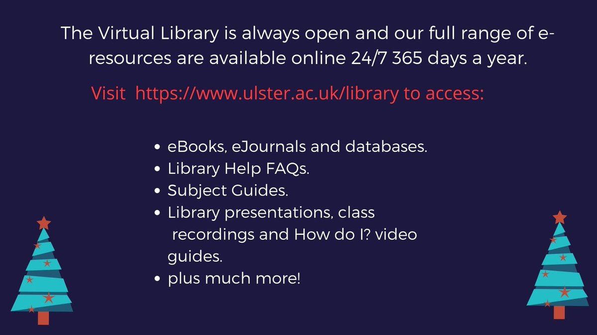 UlsterUniLib's tweet photo. That's a wrap! The Library wishes all staff and students a very Merry Christmas. Relax, recharge &amp; take care everyone.

Campus libraries are now closed &amp; will reopen on Monday Jan 4th. For full details of our online services &amp; January opening hours visit: https://t.co/aoK0y8bsmT https://t.co/ERzNtOlhDU
