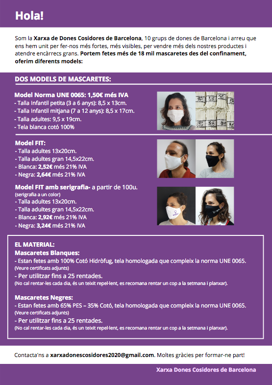 🎉#LaXarxaCelebra l'èxit de #MascaretesEnXarxa

✅23.000 unitats produïdes
✅2 models: Norma UNE 0065 / FIT
🆕Les FIT poden serigrafiar-se +100 unitats
✅Material homologat, diverses talles, 25 rentades
ℹ️xarxadonescosidores2020@gmail.com
👉Segueix-les a Instagram @donescosidores