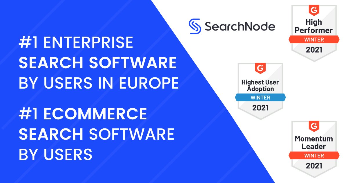 SearchNode's tweet image. Based on G2 users, we are  #1 #EcommerceSearch software. European users named us as #1 #EnterpriseSearch software! 💪

We also received 3 badges in Enterprise Search category: for having high customer satisfaction, for highest user adoption, and for being trendy! 🎖️

 Thanks!🙏