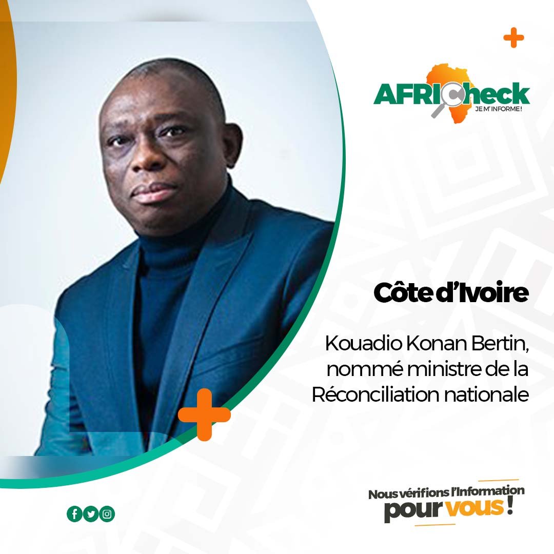 Afric_check's tweet photo. Info/Côte d’ivoire

Alassane Ouattara président de la république Ivoirienne a procédé le mardi 15 décembre 2020 à un réaménagement de son gouvernement en nommant Kouadio Konan Bertin ministre de la Réconciliation nationale
#cotedivoire #africheck #info #africa https://t.co/OIxT70HWU9