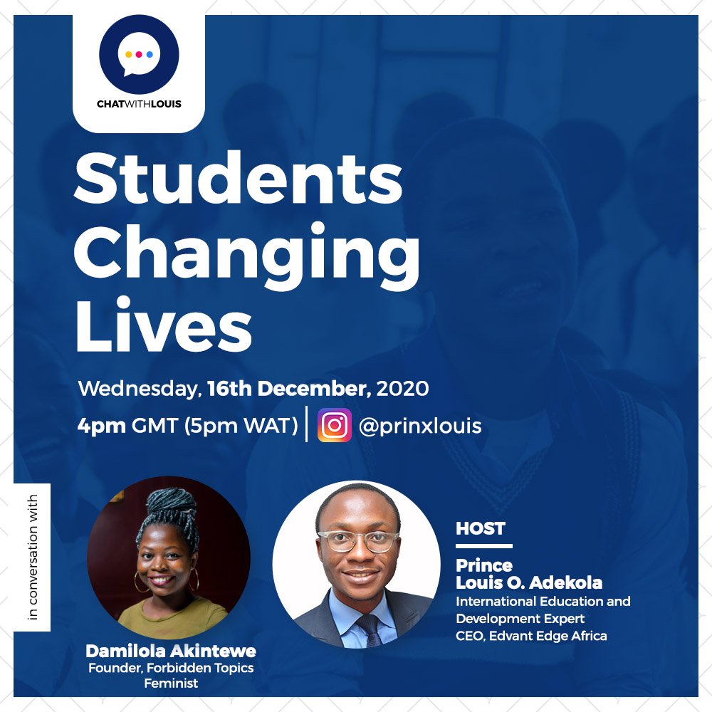PrinxLouis's tweet photo. Join me later TODAY as I go Live on Instagram with the incredible @TeweDami

Today, we will be talking about "Students Changing Lives" &amp; ain't no better role model than this lady that never stops blazing the trail.

Wed, 16th Nov
4pm GMT (5pm WAT)
IG - @PrinxLouis

Don't miss it. https://t.co/pMQ14b0L3t
