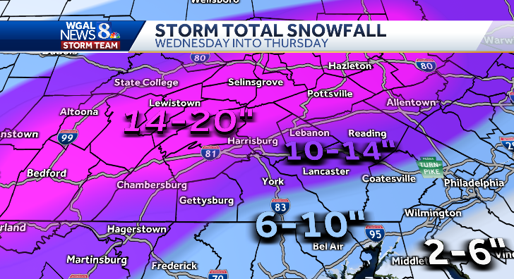 TiffanySavonaWX's tweet photo. SNOW arrives between 10 AM-1 PM from SW to NE. Heaviest snow will fall tonight, so travel will become difficult or impossible. Latest thinking still has highest totals along and north of I-81 with lower totals south due to sleet mixing in tonight. Stay safe! @WGAL https://t.co/bvaq9stNv7