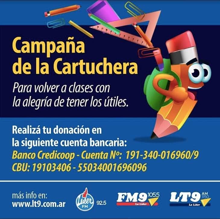 Campaña de la Cartuchera 🎒🙌
✊ Lanzamos la "Campaña de la cartuchera", para ayudar a nenas y nenes a volver a clases con los útiles escolares necesarios.  
🚐 Vamos a estar repartiendo los útiles escolares antes del inicio de clases del ciclo lectivo 2021.
¡Muchas gracias! 👋