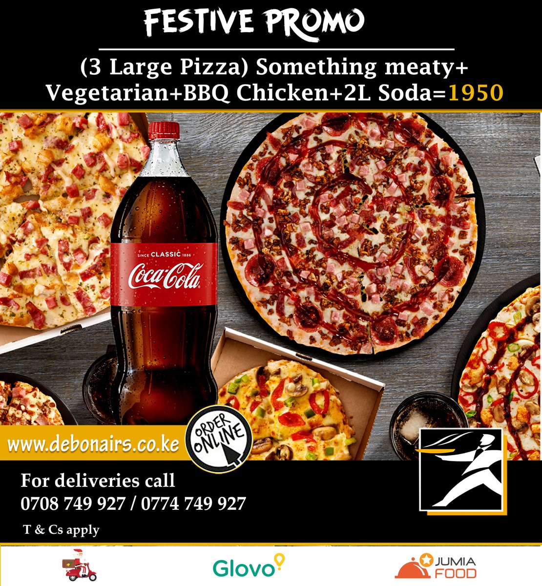 DebonairsKenya's tweet photo. December is here finally!! We have amazing offers for you and your family. It is the month of giving and sharing. Our festive promo is one of its kind. Don't miss out.
Call 0708749927/0774749927 to order or order via Jumia foods or Glovo. Find the posters for more details. https://t.co/Qh1Rt4LOMr
