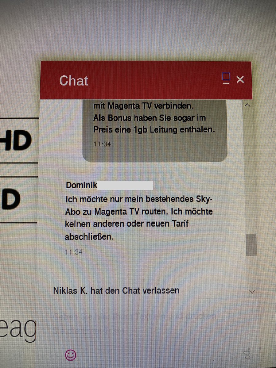 Domi_TheView's tweet photo. Hallo @Telekom_hilft, ich möchte mein BESTEHENDES Sky-Abo unverändert so wie es ist vom Sky-Receiver zu Magenta TV routen. Sky verweist an die Telekom, im Telekom-Chat will man mir erst ein neues Abo andrehen und lässt mich dann einfach „sitzen“(siehe Foto). Könnt ihr mir helfen? https://t.co/77sSXyJ7WH