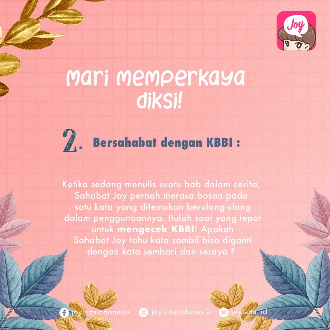 Joylada_ID's tweet photo. Coba dua hal ini yuk untuk memperkaya diksi! #JoyTips https://t.co/PyvOga1bc4