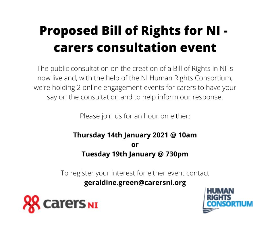CarersNI's tweet photo. Do those with #caring responsibilities in NI need more protection of their human rights? Join us &amp; @BillofRightsNI to discuss the new consultation on a Bill of Rights for NI &amp; help inform our response to the consultation. Register by emailing geraldine.green@carersni.org https://t.co/tl8yu0CDzf