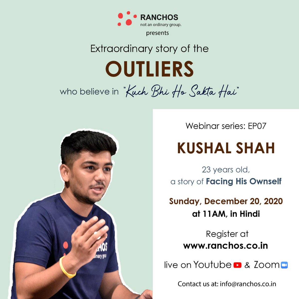 suratranchos's tweet photo. "Ranchos presents you Episode 07 of the OUTLIERS,
The Story of Kushal Shah.

We promise you, you will be touched, moved, and inspired by his story of Facing Himself.

Sunday, 20th Dec, 11 AM

Register Here for More Details - 
https://t.co/ipr5EnqrCx" https://t.co/ozSfekZko8
