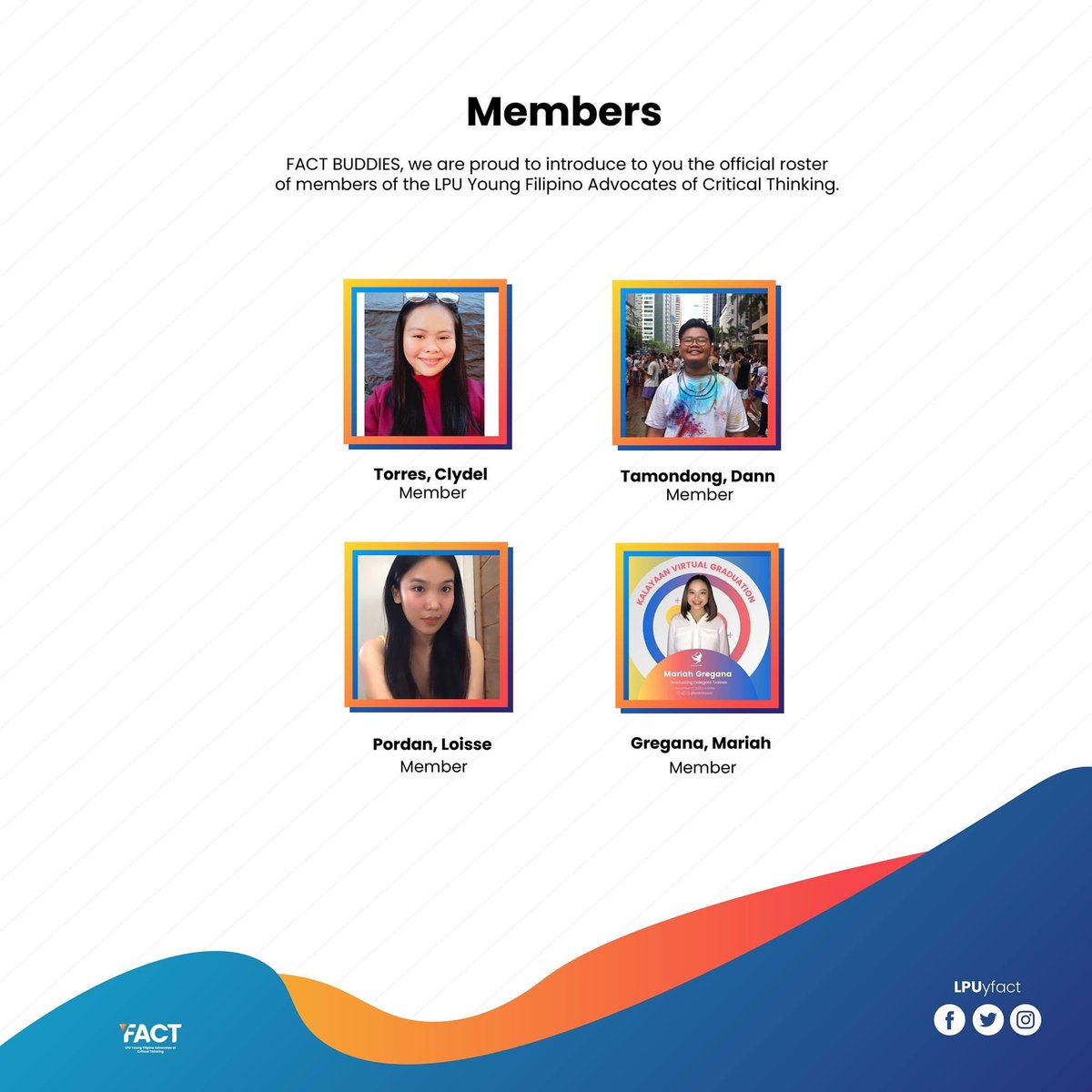 LPUyfact's tweet photo. Together, let us prepare future leaders amidst the pandemic!

We look forward on working with you to create a FACT session you will never forget. Congratulations and welcome, FACT BOYS and FACT GIRLS! 💙💛

#yFACTLPU https://t.co/90IRrpEPhB