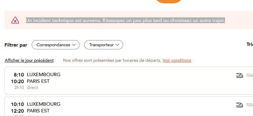 LaurentMag's tweet photo. @ouisncf bonjour, je rencontre des difficultés depuis hier après-midi pour réserver des billets de train sur le site ainsi que sur l'application ouisncf. Un message d'erreur apparaît à chaque fois lorsque je valide le billet retour. J'ai déjà envoyé un message privé sans réponse https://t.co/MRFzJLNq93