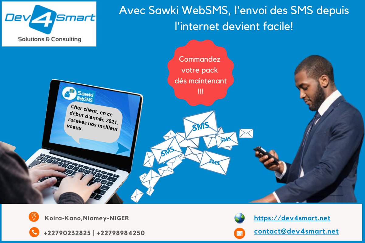 dev4smart's tweet image. C’est la fin d’année😁 , profitez de nos offres Sawki WebSMS pour souhaiter une bonne et heureuse année 2021 à tous vos clients et prospects. Infoline au +22790232825 | contact@dev4smart.net
Dev4smart, pensez-l&apos;innovation!
#SawkiWebSMS #SMSMarketing #BulkSms