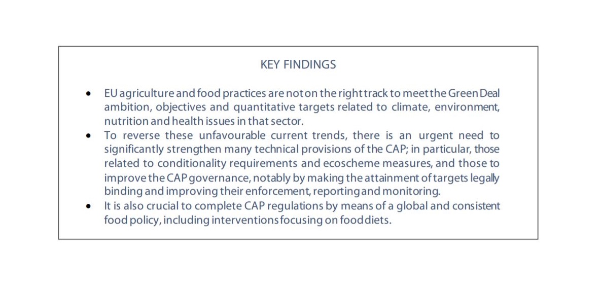 A study commissioned by the EU Parliament's own AGRI committee said:"EU agriculture and food practices are not on the right track to meet the  #EUGreenDeal" or  #ClimateAction  , environmental or health objectives:  https://www.europarl.europa.eu/thinktank/en/document.html?reference=IPOL_STU(2020)629214 #WithdrawTheCAP