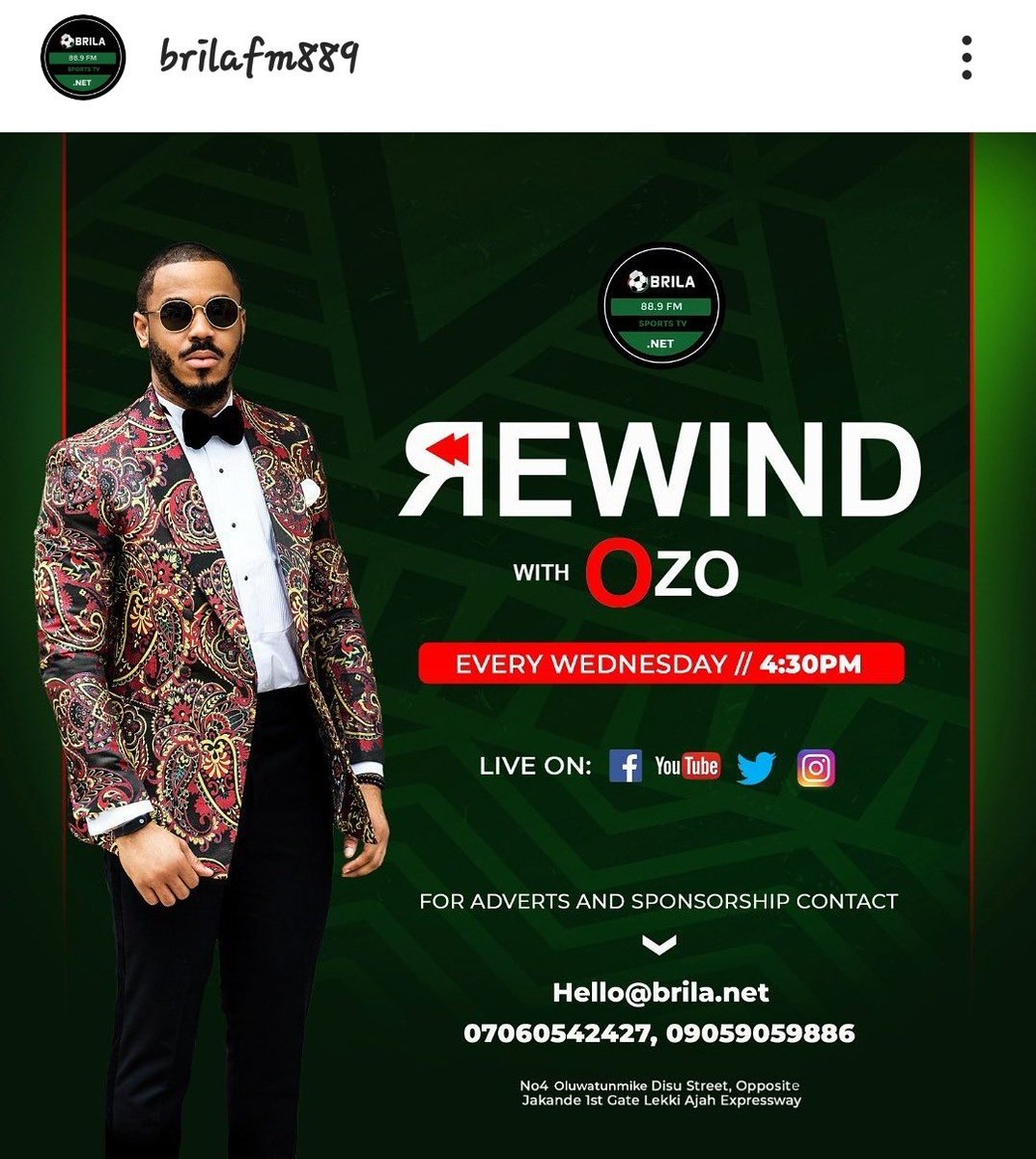  #RewindWithOzo 6/6.....I will still manage to listen to  #RewindWithOzo at 4:30pm...ooops I just saw Ozo on the MTNPulse  #DoYou billboard at the roundabout. The end. Dont miss  #RewindWithOzo at 4:30pm on  @Brilafm889 