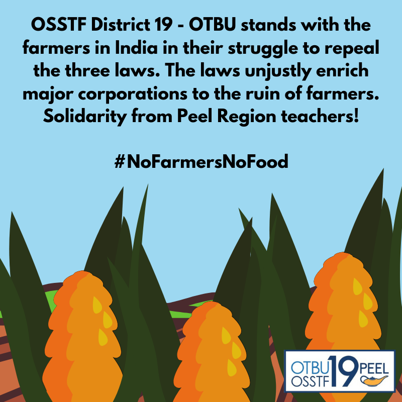 osstfd19otbu's tweet photo. We stands with the farmers in India in their struggle to repeal the three laws. The laws unjustly enrich major corporations to the ruin of farmers. Solidarity from Teachers!
#NoFarmersNoFood #Brampton #Mississauga #StandWithFarmers #Tractor2Twitter #Peel #cdnpoli #cadlab #osstf https://t.co/pPaTSqWhPn