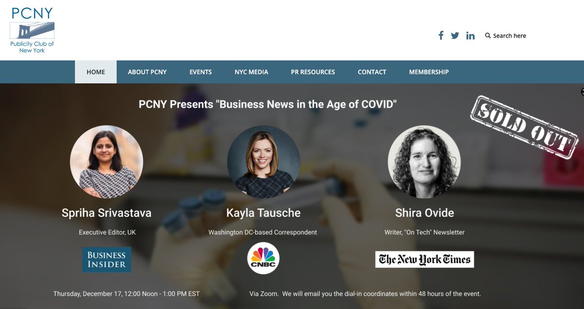 PeterHimler's tweet photo. After a 10-month hiatus, #PCNY is looking forward to hosting @businessinsider's @spriha, @CNBC's @kaylatausche & @nytimes's @ShiraOvide at tomorrow's (sold-out) virtual meet-up. https://t.co/qQctjuDErz https://t.co/kFViOtEiVi