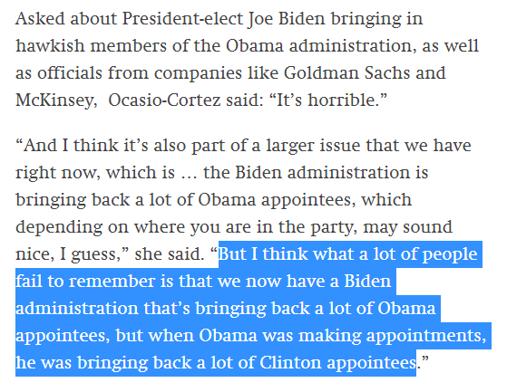 JordanUhl's tweet photo. In addition to calling for new Dem leadership in Congress, AOC also condemned Biden filling his ranks with Wall Street types and ex-Obama/Clinton hangers-on. The barnacles of DC return to the White House for another round of status quo governing. https://t.co/fp5mFDFpif