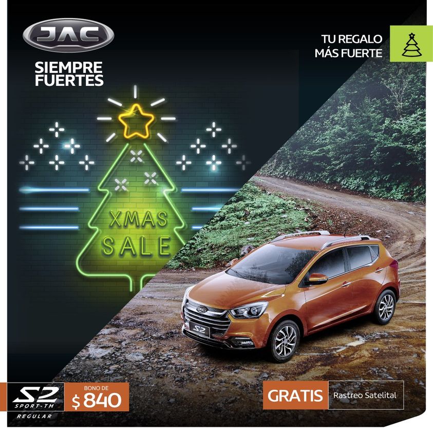 JACautosEC's tweet photo. En nuestro XMAS SALE encuentras tu regalo de navidad más fuerte con grandes beneficios 🎅🏻
SUV S2 SPORT TM (Regular)
PVP $17,990
Bono 💵$840 
Final $17,150
GRATIS: Rastreo satelital inteligente. 🎁

Descubre más de nuestro S2 en: https://t.co/iK1mYifYOk
JAC- SIEMPRE FUERTES 💪 https://t.co/2S428CczGy