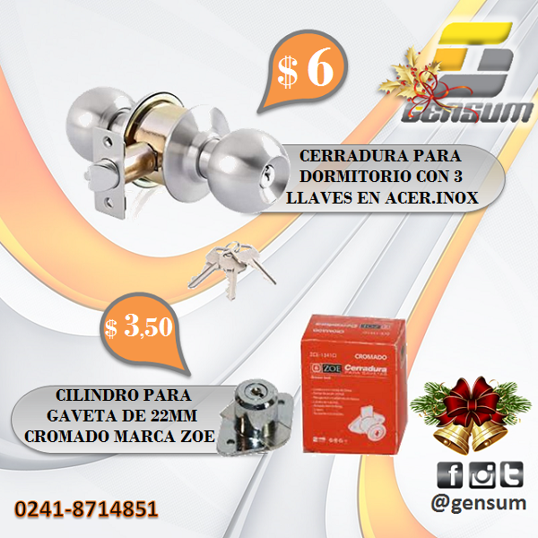 CERRADURA PARA DORMITORIO CON 3 LLAVES EN ACERO INOXIDABLE
CILINDRO PARA GAVETA DE 22MM CROMADO MARCA
Estamos ubicados por la Don Julio Centeno de Valencia, frente a Oro Cauchos Láser del Big Low Center.
#cerradura #cilindro #llaves #seguridad #manillas #cerrojos #Zoe #ferretería