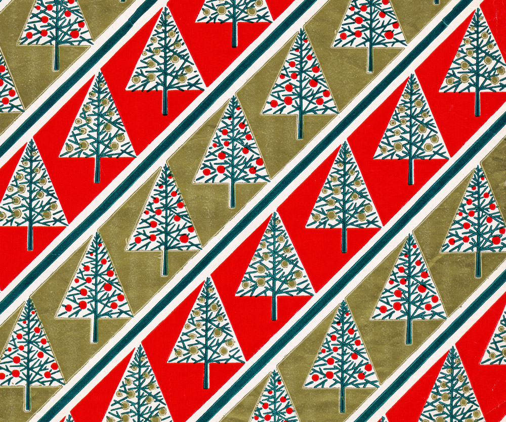 Vintage Christmas wrapping paper - diagonal festive trees.  #wardsmorguefile