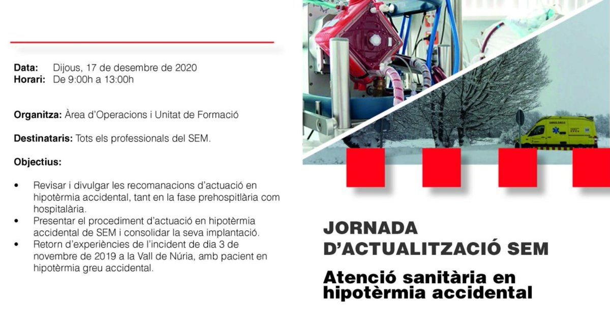soctescat's tweet photo. Demà dia 17-des es realitza una nova jornada d'actualització de @semgencat @jornadesSEM sobre l'atenció en hipotèrmia accidental amb la participació, entre altres referents de l'emergència sanitària, de la #TES Núria Perpinyà
#equipTES #formacioTES
#SEM #TESVisible
#hipotermia https://t.co/yDfn2zU6hi