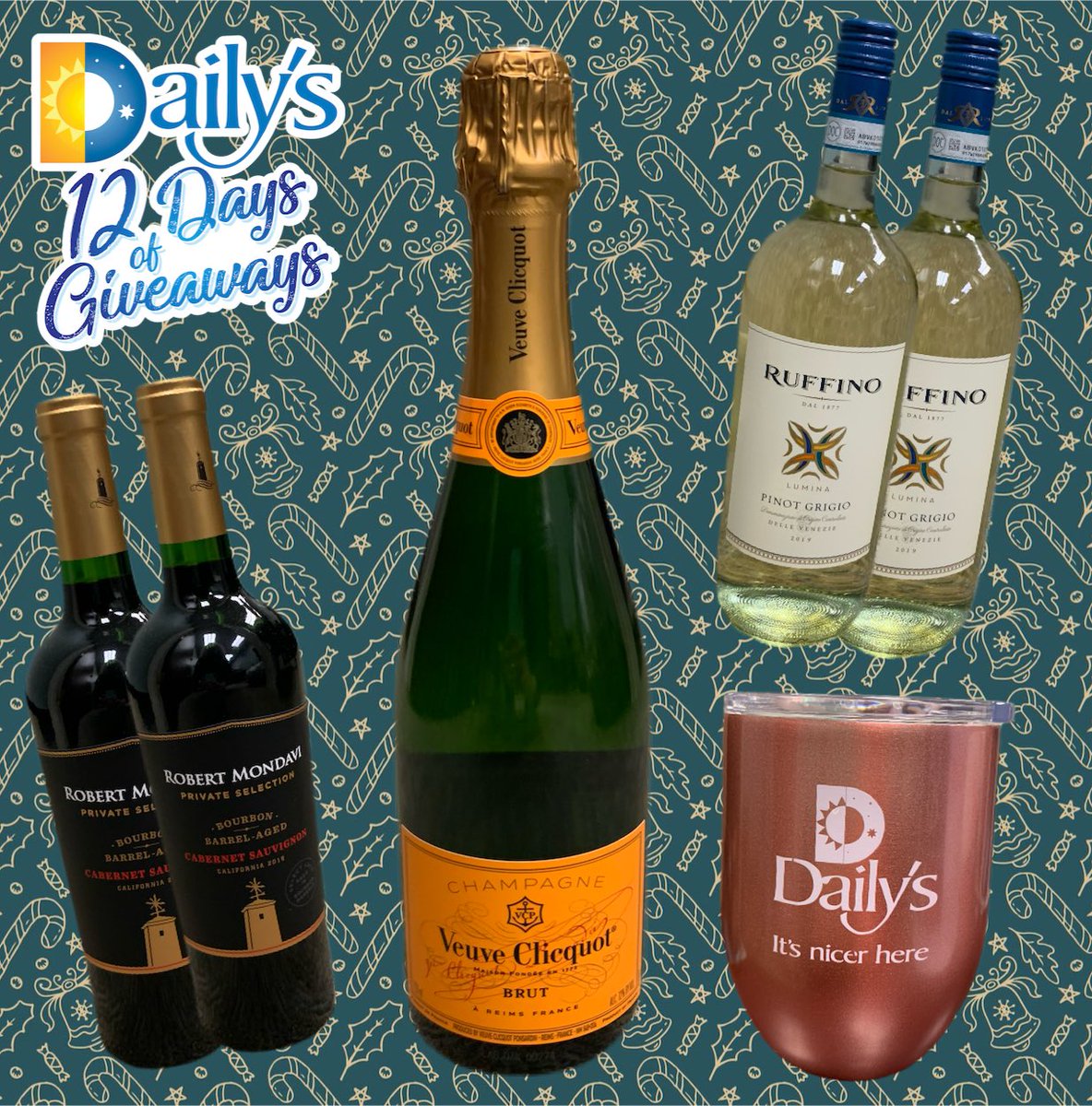 It’s day 10!🎅🏻🎄You MUST be 21 or older to enter this giveaway! Today we’re giving away 1 bottle of @VeuveClicquot Champagne, 2 bottles of <a href="/RobertMondavi/">🍷🍷🍷.RMW.eth</a> Cabernet Sauvignon, 2 bottles of Ruffino Pinot Grigio, &amp; a Daily’s wine tumbler.

To enter:
1. Follow <a href="/dailys_dash/">Daily's</a> 
2. RT