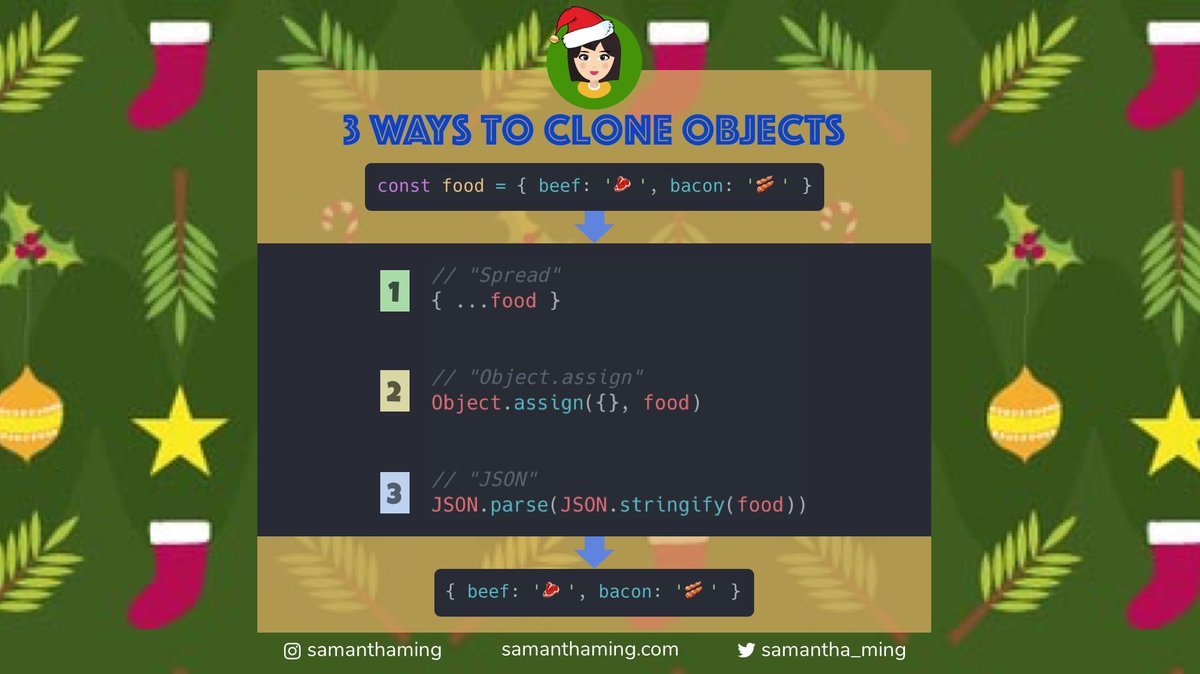 samantha_ming's tweet image. #CodeTidbits30 Day 16 🎄
Because objects in #JavaScript are references values, you can't simply just copy using the `=`. But no worries, here are 3 ways for you to clone an object 👍
#Codenewbie #100DaysOfCode #301DaysOfCode