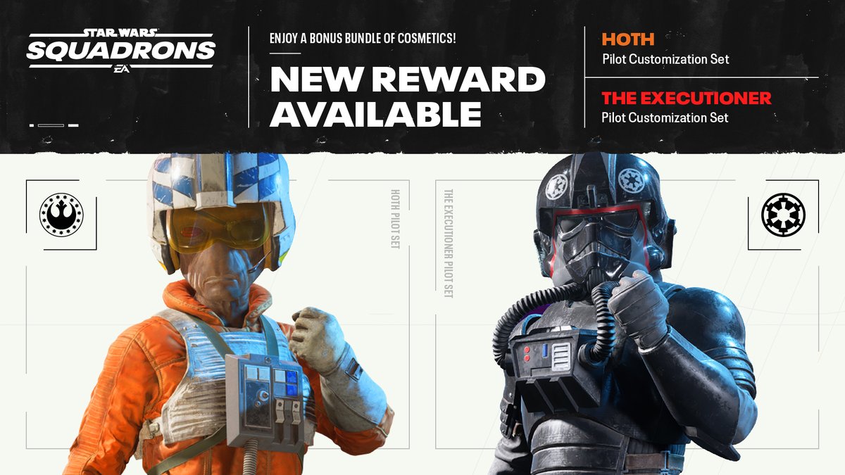 As a thank you to the EA #StarWars community, we're adding two cosmetic outfits to #StarWarsSquadrons for players to earn! 

If you own Squadrons + Jedi: Fallen Order or Battlefront 1/2, login through Jan 10th to unlock the outfits. x.ea.com/67103