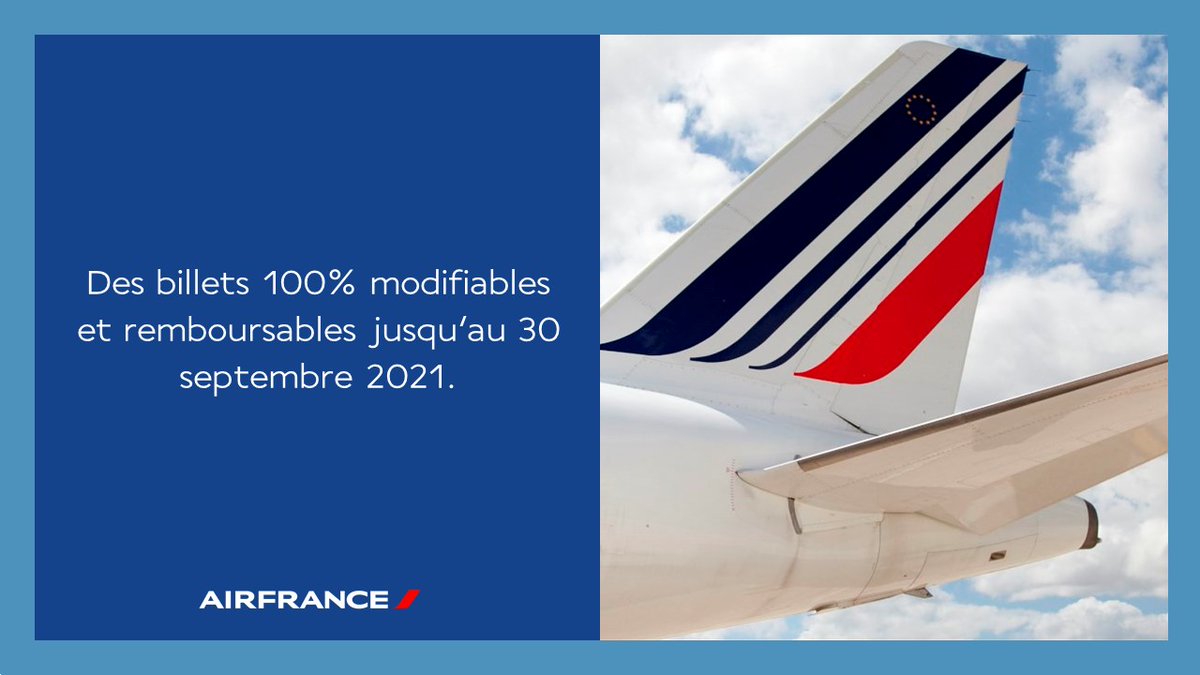 AFnewsroom's tweet photo. Pour permettre à ses clients de programmer leur voyage en toute sérénité #AirFrance étend ses mesures commerciales jusqu'à la fin du mois de septembre 2021. Des billets 100% flexibles permettant la modification du voyage sans frais.
Tous les détails 👉https://t.co/Uz7kCFq7sK https://t.co/e7Lj7OosFC